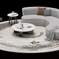 Light Gray Curved Sofa and Coffee Table Set with Marble Top on Round Textured Rug 3d model