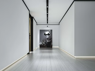 Modern Office Corridor with Long Layout Ceiling Lighting Wooden Flooring White Walls and End Artwork 3d model