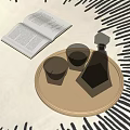 Elegant Barware Set With Decanter Glasses On Metal Tray And Open Book