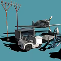 3D Models of Airport Ground Equipment Featuring Airplane Towing Truck and Baggage Cart