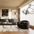Elegant Modern Living Room Interior With Gray Sofa Black Armchair Bookshelves And Wooden Flooring