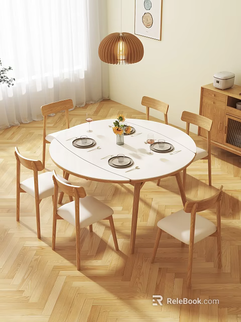 Round White Dining Table Set With Wooden Legs And Six Chairs With White Cushions 3d model 