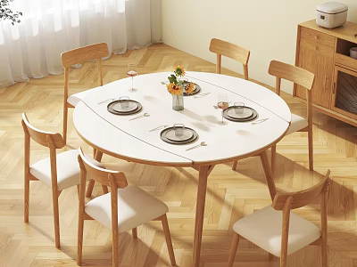 Round White Dining Table Set With Wooden Legs And Six Chairs With White Cushions 3d model