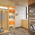Modern Laundry Room Interior With Stacked Washing Machine Dryer And Wooden Cabinets