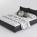 Modern Black Leather Bed Frame With Striped Bedspread And Decorative Pillows 3d model
