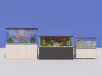 Three Aquarium Fish Tanks With White And Dark Cabinets Fish And Plants 3d model
