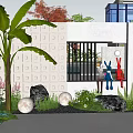 Modern Garden Landscape with White Geometric Wall Banana Tree Rabbit Sculptures and Round Glowing Lights