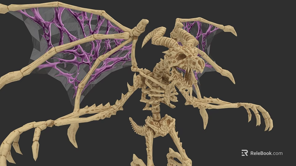 Detailed Mythical Reptile Skeleton With Intricate Purple Webbed Wings And Sharp Horns 3d model 