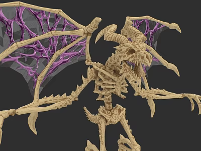 Detailed Mythical Reptile Skeleton With Intricate Purple Webbed Wings And Sharp Horns 3d model