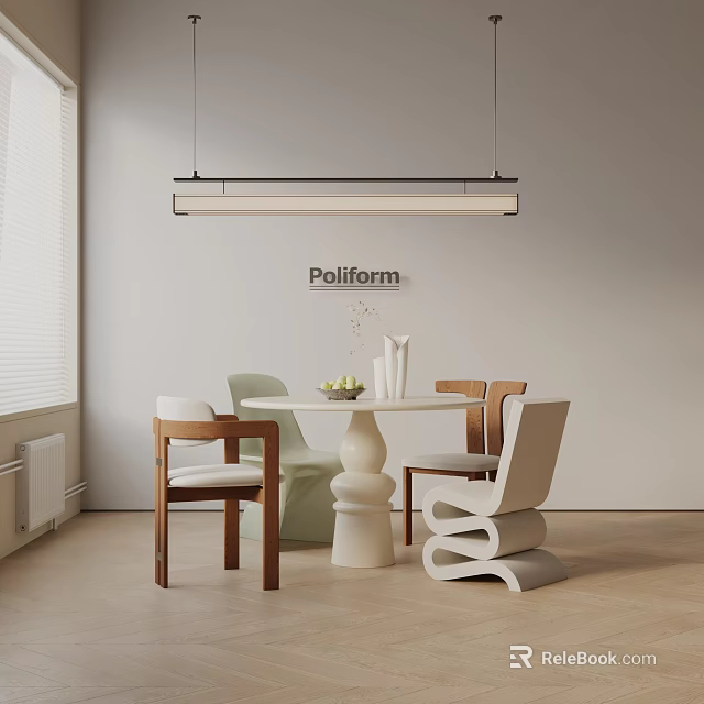 Modern Dining Table Set With Various Designed Chairs Tabletop Decor And Pendant Light 3d model