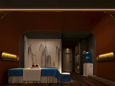 Serene SPA Sauna Room With Massage Bed Mountain Painting And Soft Lighting 3d model