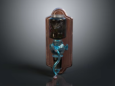 Wall Mounted Dispenser Design With Wooden Backboard Black Glass Container And Blue Metal Faucet 3d model