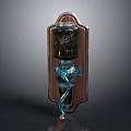 Wall Mounted Dispenser Design With Wooden Backboard Black Glass Container And Blue Metal Faucet