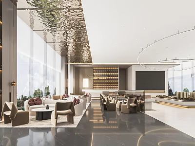 Luxurious Sales Office Interior With Modern Design Spacious Lounge Large Windows And Gold Ceiling Accents 3d model