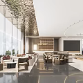 Luxurious Sales Office Interior With Modern Design Spacious Lounge Large Windows And Gold Ceiling Accents