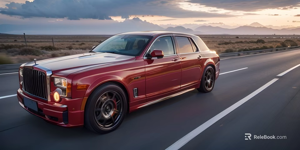 Red Rolls-Royce Sedan Driving On Open Highway With Mountain Sunset View 3d model 