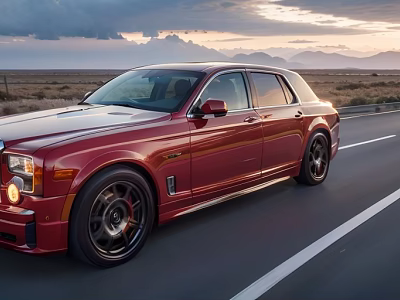 Red Rolls-Royce Sedan Driving On Open Highway With Mountain Sunset View 3d model