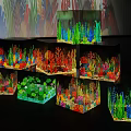 Colorful Aquariums On Display Shelves With Wave Patterned Background And Hanging Lights