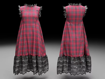 Red Plaid Sleeveless Dress With Ruffled Shoulders And Black Lace Hem 3d model