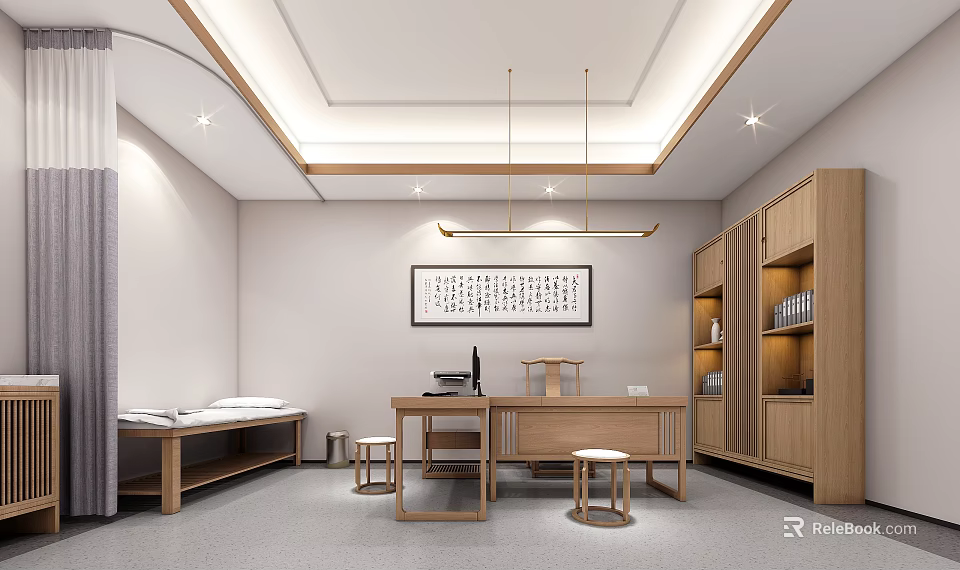 Hospital Outpatient Clinic Chinese Style Examination Room With Wooden Furniture Calligraphy Painting And Bookshelf 3d model 