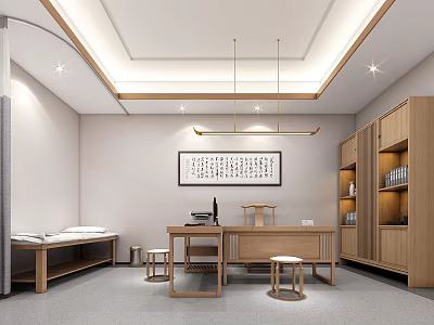 Hospital Outpatient Clinic Chinese Style Examination Room With Wooden Furniture Calligraphy Painting And Bookshelf 3d model