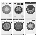 Six Modern Front Load Washing Machines with Different Control Panels and White Black Exteriors