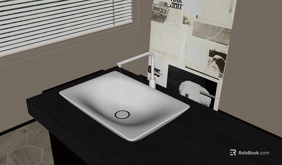 White Rectangular Vessel Sink with White Faucet on Black Countertop and Wall Art 3d model 