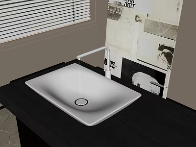 White Rectangular Vessel Sink with White Faucet on Black Countertop and Wall Art 3d model