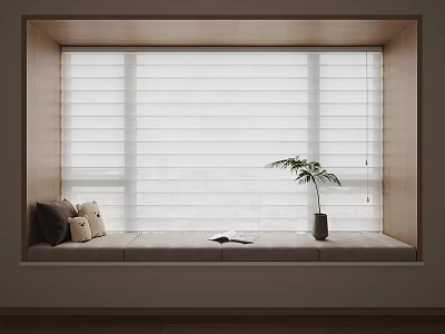 White Window Blinds With Window Seat Pillows Open Book And Potted Plant 3d model