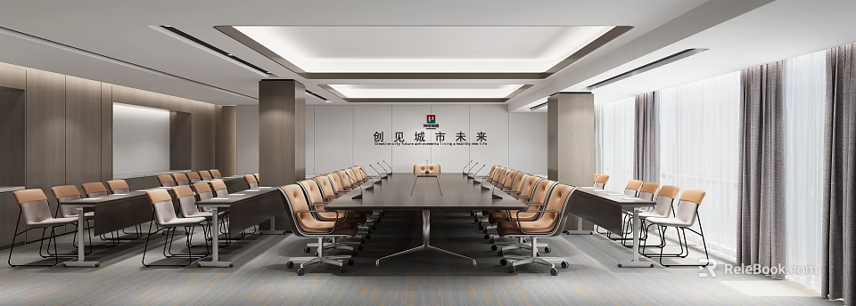 Modern Conference Room Interior Design With Long Meeting Table And Leather Chairs 3d model 