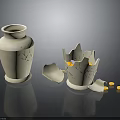 White Ceramic Vases Showing Intact Body And Broken Structure With Yellow Pellets And Fragments