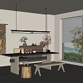 Modern Tea Table And Chairs Interior With Scroll Painting Tea Set And Large Window View 3d model