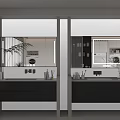 Double Modern Bathroom Vanity With White Countertop Black Cabinets Mirrors Above And Potted Plant