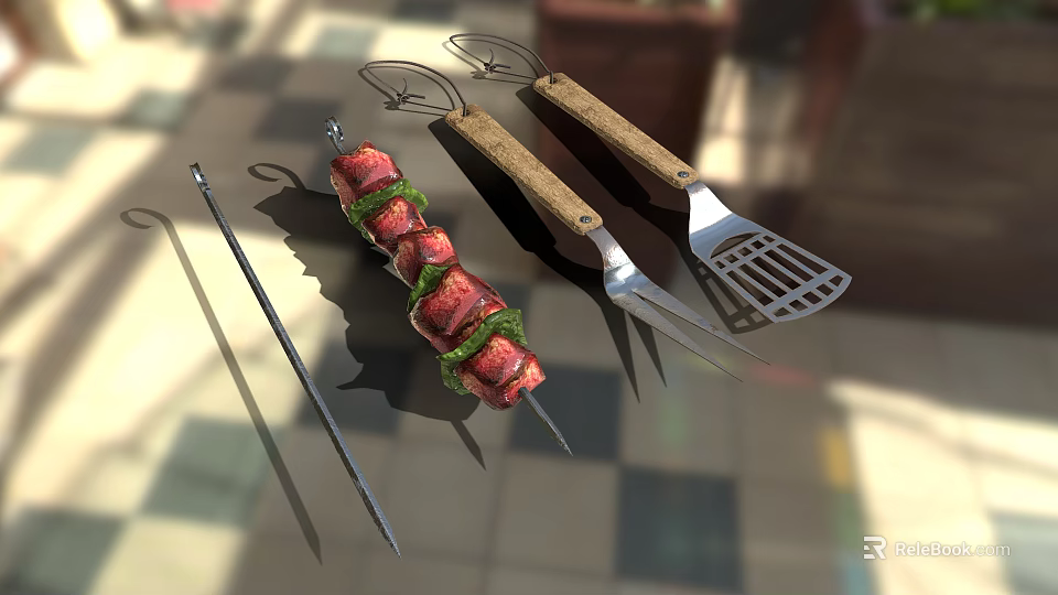 Grill Tools And Skewered Kebab With Fresh Herbs On Tiled Surface 3d model 