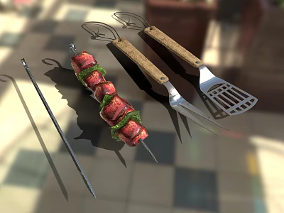 Grill Tools And Skewered Kebab With Fresh Herbs On Tiled Surface 3d model