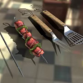 Grill Tools And Skewered Kebab With Fresh Herbs On Tiled Surface