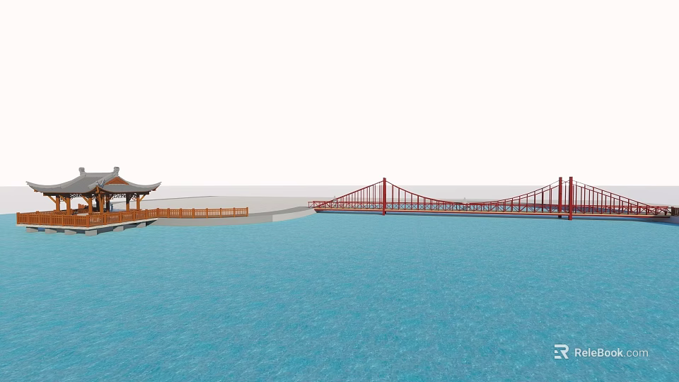 Red Suspension Bridge Over Blue Water With Traditional Pavilion Structure 3d model 