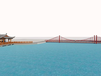 Red Suspension Bridge Over Blue Water With Traditional Pavilion Structure 3d model