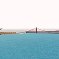 Red Suspension Bridge Over Blue Water With Traditional Pavilion Structure