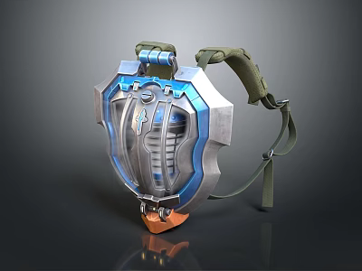 Detailed Decorative Metal Shield With Blue Silver Accents And Green Strap 3d model