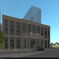 Modern Office Building Exterior With Glass Curtain Wall Façade Landscaping Trees Pedestrians And Cars