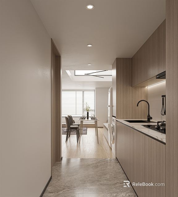 Modern Open Concept Kitchen With Wooden Cabinets White Countertops Dining Table And Natural Light 3d model 