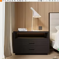 Modern Dark Wood Bedside Table With Two Drawers White Lamp And Bed 3d model