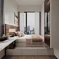Modern Hotel Guest Room Interior With Wooden Headboard Bed Desk Chair And Window Blinds