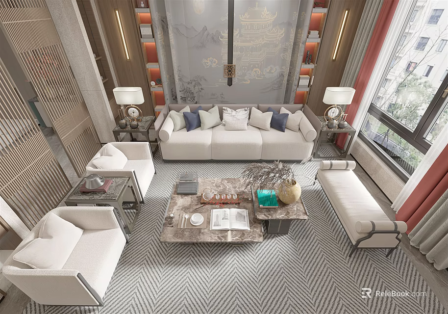 Modern Living Room Interior with White Sofa Armchairs Coffee Table and Herringbone Rug 3d model 