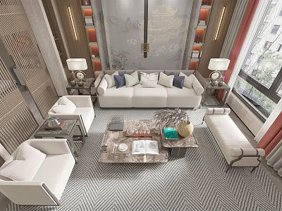 Modern Living Room Interior with White Sofa Armchairs Coffee Table and Herringbone Rug 3d model