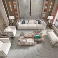 Modern Living Room Interior with White Sofa Armchairs Coffee Table and Herringbone Rug