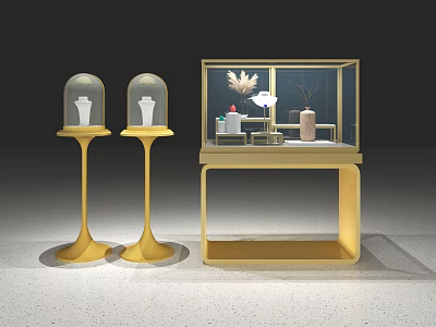 Modern Golden Frame Display Shelves With Glass Dome Showcasing Decorative Flowers And Vases 3d model