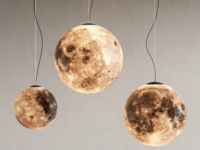 Three Textured Moon Surface Pendant Lights With Warm Glow Hanging On Gray Wall 3d model