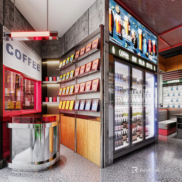 Modern Hot Pot Restaurant Interior With Refrigerator And Display Shelves 3d model